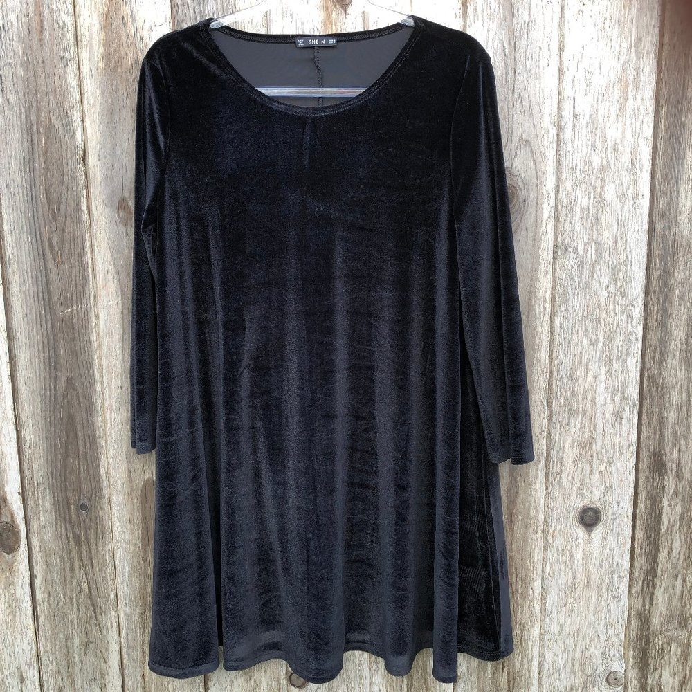 Shein Black Long Sleeve Velvet Tunic Dress Medium